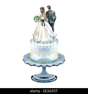 Elegant watercolor illustration of a single-tier wedding cake on a vintage stand, featuring a bride and groom topper with teal pearl decorations. A Stock Photo