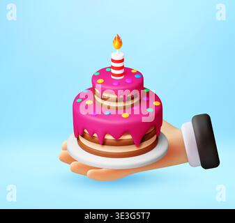 Hand holding a 3D birthday cake with a lit candle Stock Vector