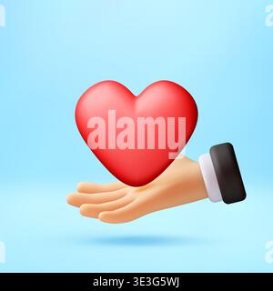 3D Cartoon hand holding red heart icon Stock Vector