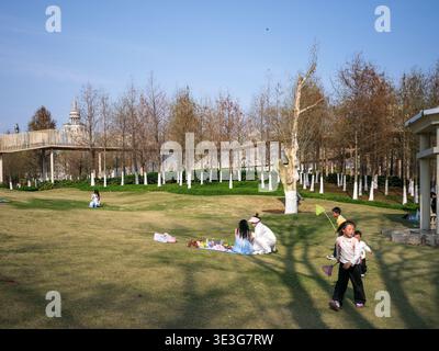 Wuhan, China - March 22, 2025: Families and children enjoying a picnic on a large green lawn in a public park. The image shows people relaxing under t Stock Photo