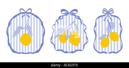 Cute coquette print lemon set bow, stripes. Floral trellis citrus bg, background. Lemon with leaves, lemon slice, part. Vector illustration Stock Vector