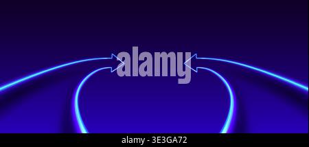 Neon arrows pointing toward the center. Focus on target. Data centralization. Futuristic neon blue glowing arrows. Stock Vector