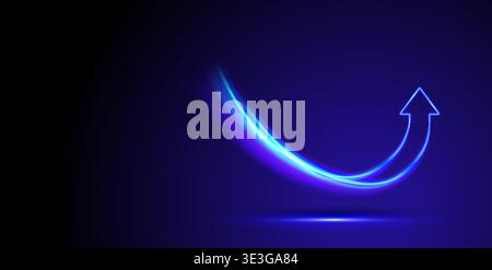 Neon blue curved arrow glowing upward on dark gradient. Smooth light trail symbolizes success, growth, progress. Futuristic digital energy flow for Stock Vector