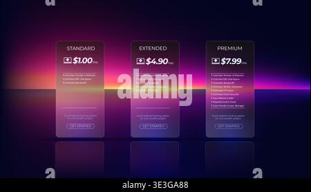 Modern price table. Matte phone screen mockup.Transparent blurred glass plate. Glassmorphism style. Pricing plans for websites and applications Stock Vector