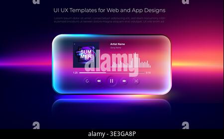 Glassmorphism UI frame with translucent frosted surface, neon gradient glow, soft reflections and modern futuristic interface elements on a vibrant Stock Vector