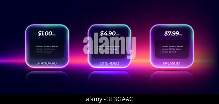 Glassmorphism pricing interface for SaaS, web hosting, digital services, cloud platforms, subscription apps, and tech startups, featuring glowing neon Stock Vector