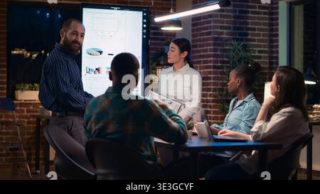 Business coaches giving presentation, company team training in meeting. Coworkers standing near digital board screen, marketing strategy planning, financial analytics report. tripod shot. Stock Photo