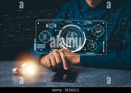 Bulb glowing bright near hand using smartphone shows ai innovation bulb idea, technology business concept featuring digital brain icon, cloud computin Stock Photo
