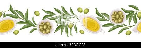 Olive oil and branches with fruit seamless border. Top view vector hand drawn illustration for cafe and restaurant template. Italian food cartoon repeat drawing perfect for product packaging graphic. Stock Vector