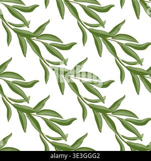 Olive tree branch vector seamless pattern. Hand drawn diagonal stripe with green leaf on white background. Botanical floral design for italian organic food. Textile print for wallpaper and packaging. Stock Vector