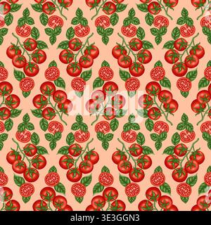 Tomato cherry branch and basil leaf vector seamless pattern. Hand drawn vegetable rhomb on peach background. Organic food for restaurant menu design. Natural kitchen print for wallpaper and textile. Stock Vector