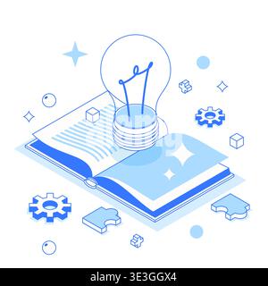 Vector isometric 3d illustration of open book with light bulb, gears and puzzles. Concept of education, knowledge, creativity and innovation. Modern d Stock Vector