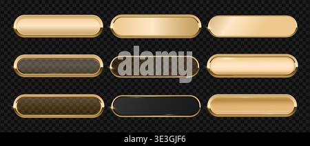 Gold button frame 3d badge, Rectangular with rounded corners golden button icon on dark background, Premium signboard for web UI design Stock Vector