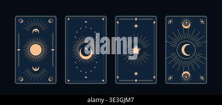 Tarot cards mystical esoteric symbols golden set, Fantasy frames, Astrological signs moon sun and stars, Golden tarot cards on a dark background Stock Vector