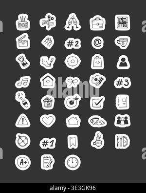 Everyday activities and lifestyle black and white line drawing sticker pack Stock Vector