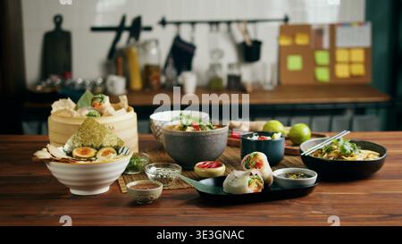 Assorted asian cuisine feast with ramen spring rolls and dumplings Stock Photo