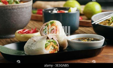 Fresh spring rolls with thinly sliced meat and crisp vegetables Stock Photo