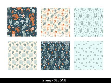 Coastal summer seamless patterns collection. Lobster underwater animals aop prints set. Vector doodle flat nautical mediterranean repeat backgdrops fo Stock Vector