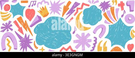 Kids text boxes stickers crayon background. Geometric and organic abstract figures hand drawn scribbles set. Music note, asterisk, stars, heart sticke Stock Vector