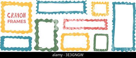 Playful wavy-edge picture border with crayon squiggle pattern, perfect for kids designs, invitations, text boxes and decorative background. Vector cal Stock Vector