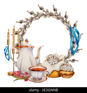 Watercolor illustration of Easter still life with willow wreath, teapot, cup, candles and traditional cakes. Illustration for festive design, religiou Stock Photo