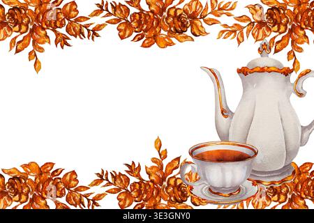 Watercolor tea frame with porcelain teapot, cup and floral border. Illustration for tea packaging, cafe branding, menu design, invitations, greeting c Stock Photo