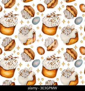 Seamless watercolor Easter pattern with traditional sweet bread cream festive sprinkles and painted eggs. Illustration for holiday packaging textiles Stock Photo