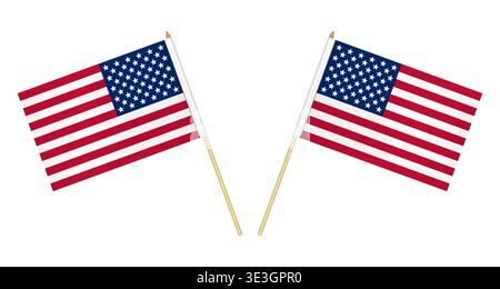 Two US flags isolated on white background, vector illustration. USA flag on pole Stock Vector