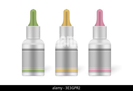 Dropper bottle with blank label sticker isolated on white background, mockup. Liquid product drop package with pipette cap, vector template set Stock Vector
