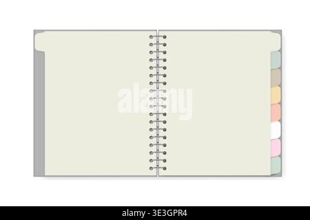 Open spiral notebook with tab divider pastel colored pages isolated on white background, realistic mockup. Blank wire bound notepad spread, template Stock Vector