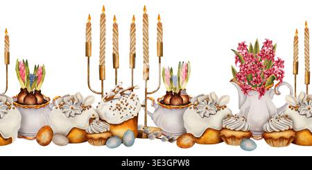 Watercolor seamless Easter border with traditional cakes, teapots, candles, eggs and hyacinth flowers. Illustration for Christian and Catholic Easter Stock Photo