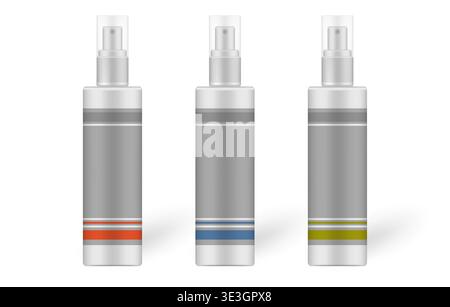Fine mist spray bottles with blank labels and clear lids isolated on white background, realistic mockup. Liquid product pump container vector template Stock Vector