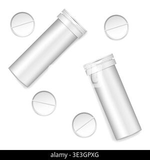 White aluminum tube with effervescent tablets, realistic mockup. Medical pill cylinder bottle, vector template. Blank pharmaceutical packaging mock-up Stock Vector
