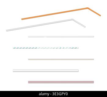 Drinking straw set isolated on white background, realistic illustration. Paper and plastic drinking straws, vector template for design Stock Vector