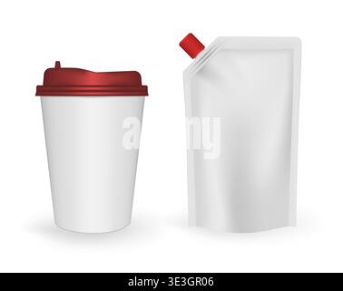 Disposable takeaway drink cup and spouted pouch with screw cap isolated on white background, realistic vector template Stock Vector