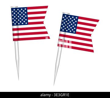 US flag push pins, vector illustration. Mini stick small pushpin American flags isolated on white background Stock Vector