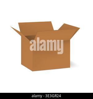 Open kraft cardboard box isolated on white background, vector template. Blank paper packaging, mockup Stock Vector