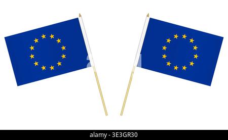 Two small European Union flags isolated on white background, vector illustration. Flag of Europe on pole Stock Vector