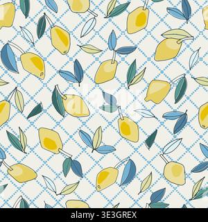 Seamless pattern with hand drawn lemons for textile, home decor, branding, visual communication, content, social media background, posters in Mediterr Stock Vector