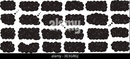 Crayon organic shape and fluffy frame label with think bubble speech. Sticker scallop promo and badge scribble icon set in doodle. Kid cloudy tag and Stock Vector