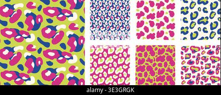 Animal pattern set with vibrant bold color for girly Y2K print. Seamless fuchsia and green animalistic pattern on blue background in kitsch. Vector re Stock Vector