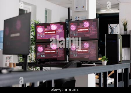 Software company having computers displaying critical error message showing on screen, dealing with hacking threat and pc malware. Empty desk with multiple monitors flashing security breach alert. Stock Photo