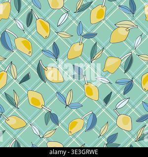 Seamless pattern with hand drawn lemons for textile, home decor, branding, visual communication, content, social media background, posters in Mediterr Stock Vector