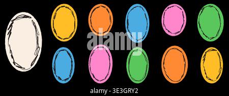 Cutout paper oval with rough crayon border in playful color for photo. Bold oval cutout in yellow orange blue, pink and green with hand drawn ellipse. Stock Vector