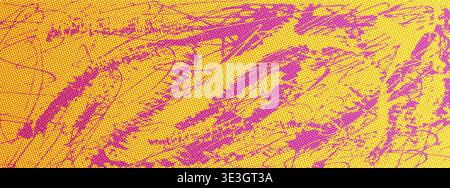 Yellow and fuchsia risograph background. Bright riso paper print overlay. Grunge printmaking banner template. Vector urban street or poster collage ba Stock Vector
