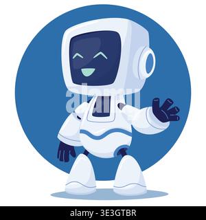 A cute, white cartoon android character with a screen for a face. robot waves its hand in greeting Stock Vector