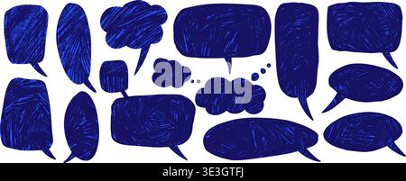 Grunge scratches speech bubble with crayon texture. Blue doodle chat frame for dialogue and text boxes. Comic balloon with chalk-like testimonials. Pe Stock Vector
