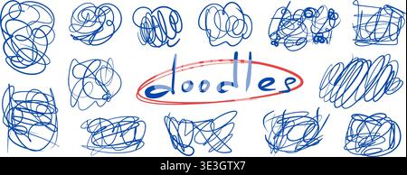 Blue messy pen abstract hand-drawn doodles. Vector pencil scratches isolated on transparent background. Scribbles, naive expressive scratches. Doodle Stock Vector