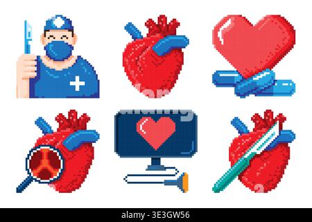 Heart surgery pixel art icons set including a surgeon, anatomical heart, scalpel, echocardiogram, and pills for cardiology concepts. Vector illustrati Stock Vector