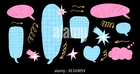 Paper cutout notebook chat bubbles. Heart, oval, rectangle shapes callout elements. Crayon speech dialogue comic talk effects with wrinkled paper text Stock Vector